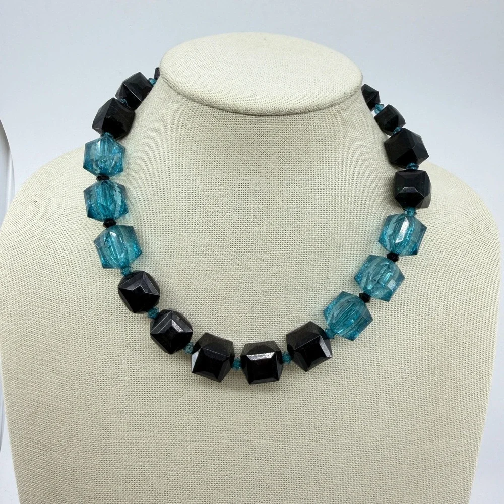 Black Aqua Blue Faceted Cube Bead Necklace Chunky Geometric Statement Jewelry